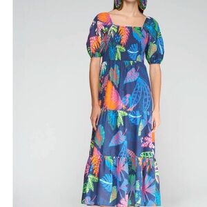 Villagallo Jungla Tropical Leaf Print Off-Shoulder Smocked Maxi Dress NWT